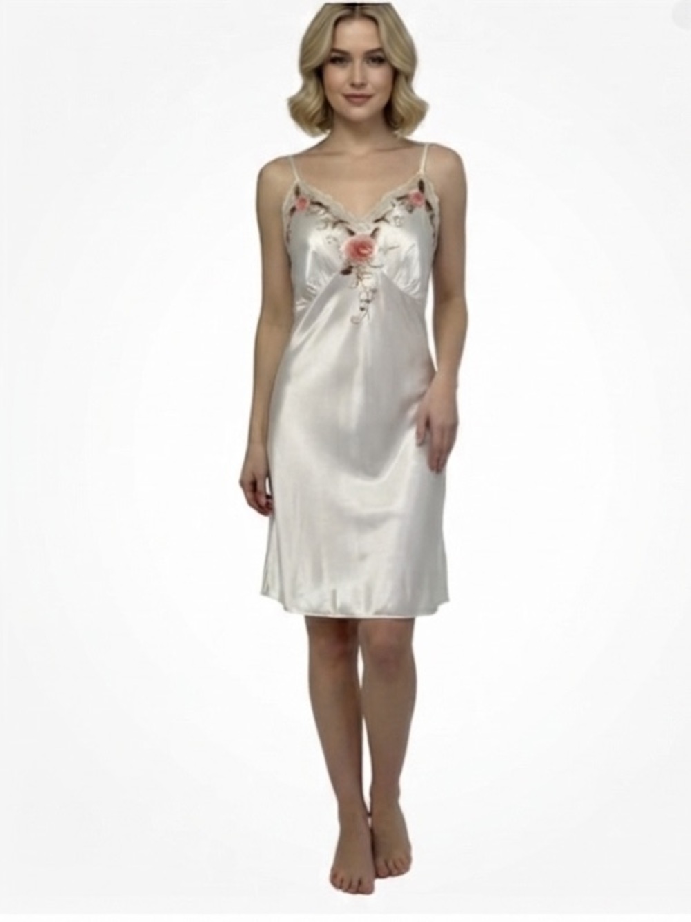 Vintage 80s 90s Pure Silk Embroidered Floral Slip Dress Nightgown White Coquette